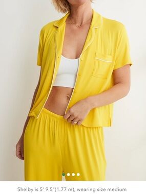 American Eagle Outfitters Yellow Short-Sleeve Piped Pajama pair top & shorts
